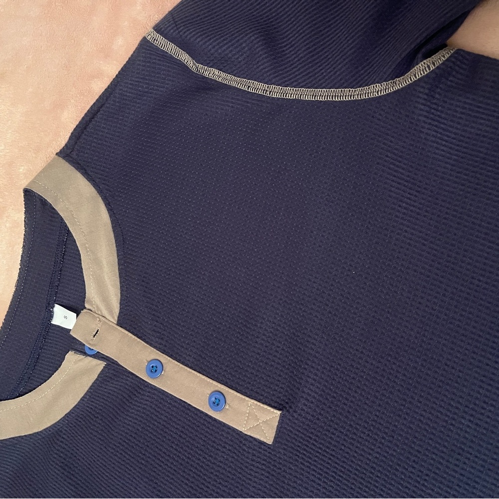 Navy Blue Knit Top with Tan Trim and Blue Buttons